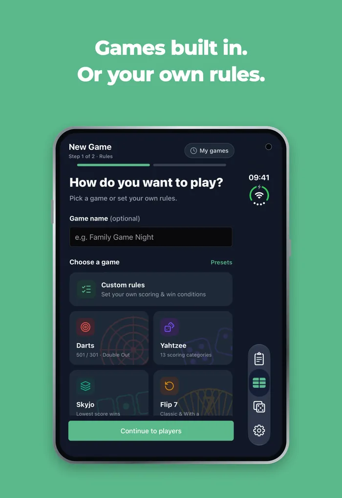 Scory new game screen on the iPhone Duo cover screen, with Darts, Yahtzee, Skyjo and Flip 7