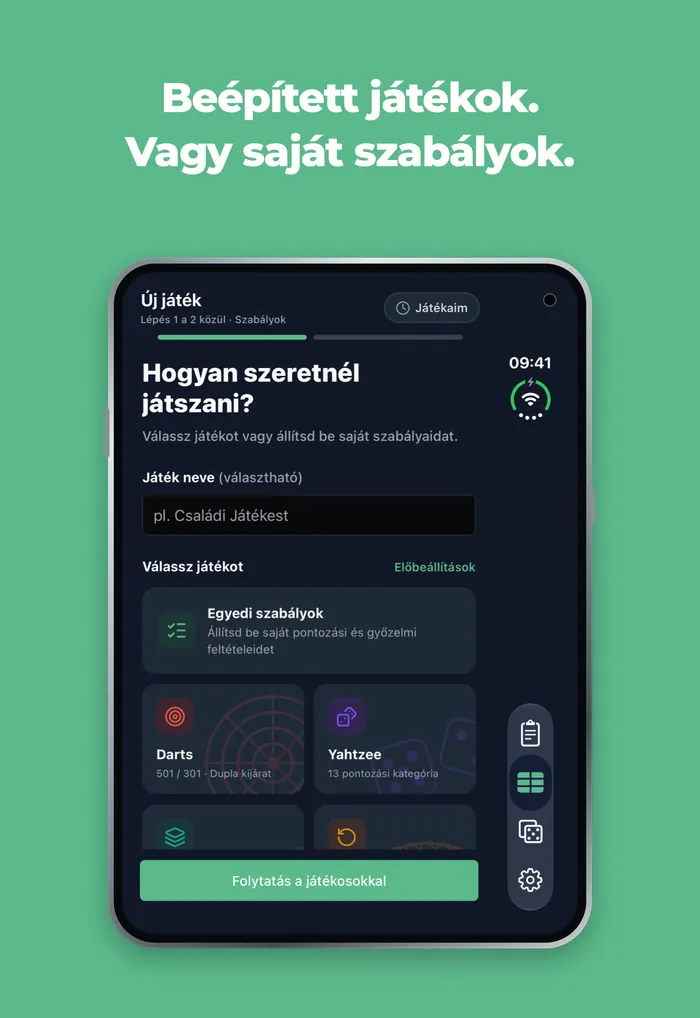 A Scory új játék képernyője az iPhone Duo külső kijelzőjén, Darts, Yahtzee, Skyjo és Flip 7 játékokkal
