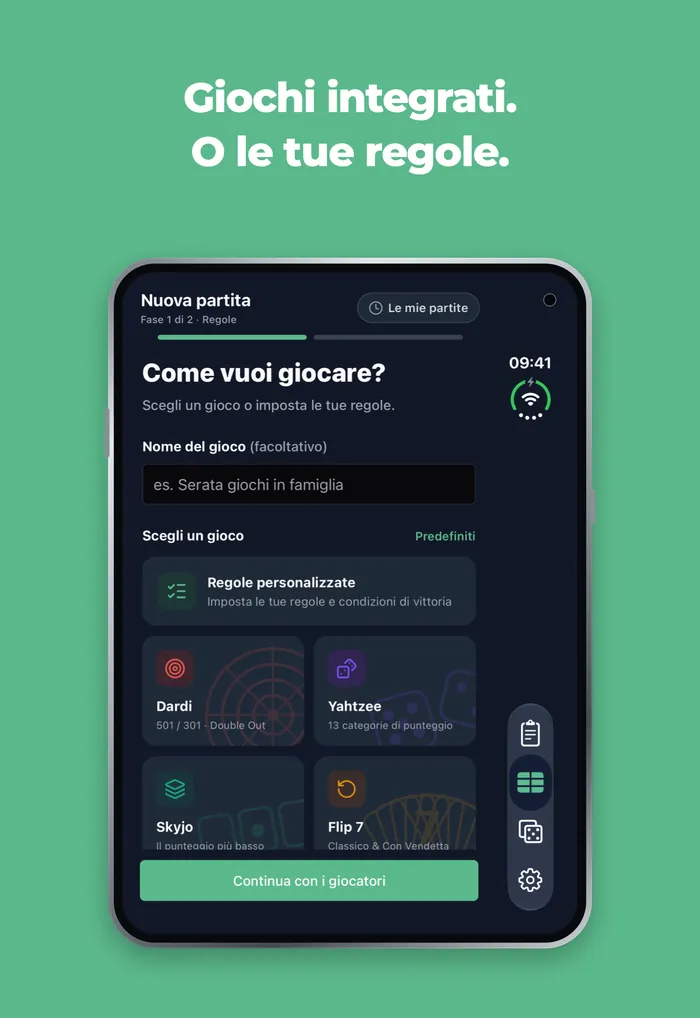 Schermata nuova partita di Scory sullo schermo esterno di iPhone Duo, con Freccette, Yahtzee, Skyjo e Flip 7