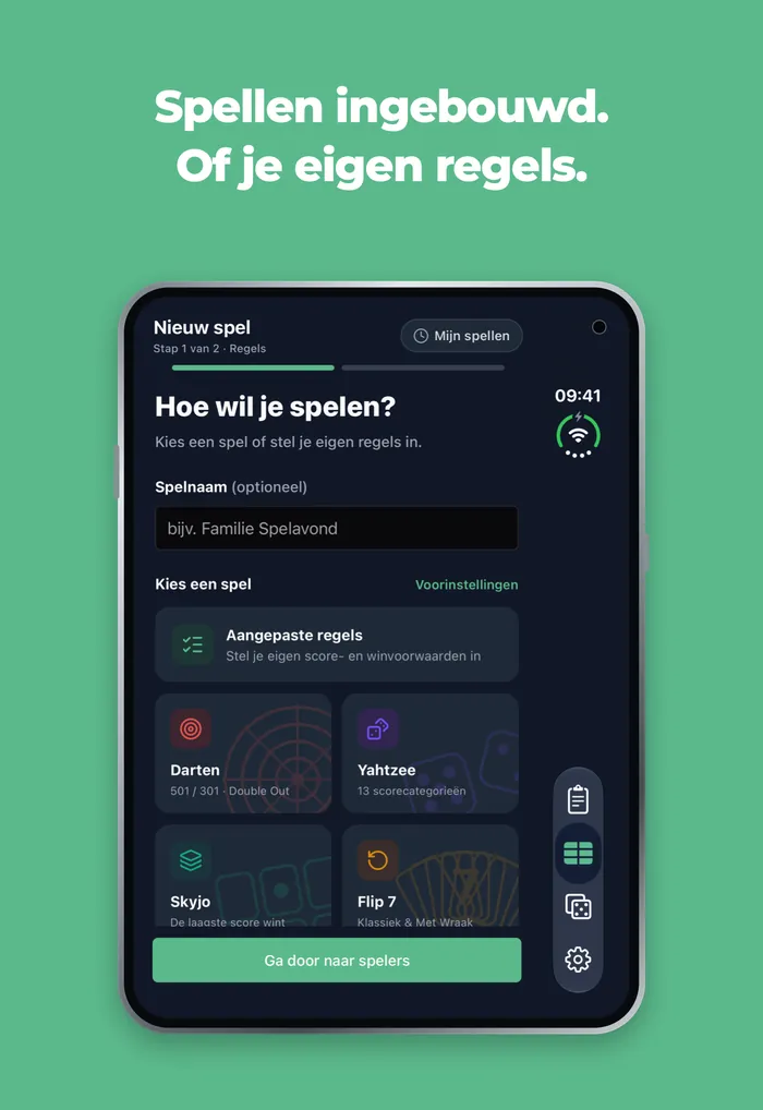 Nieuw spel in Scory op het buitenscherm van iPhone Duo met Darts, Yahtzee, Skyjo en Flip 7