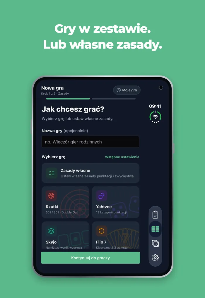 Ekran nowej gry Scory na zewnętrznym ekranie iPhone Duo z Dart, Yahtzee, Skyjo i Flip 7