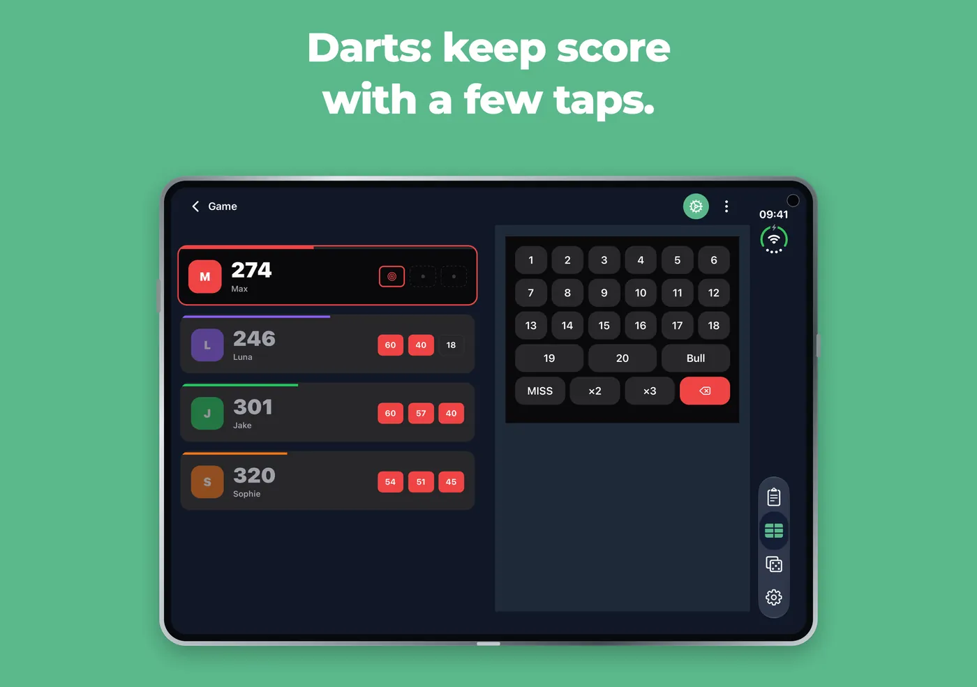 Darts in Scory on an unfolded iPhone Duo, with the players on the left and the keypad on the right