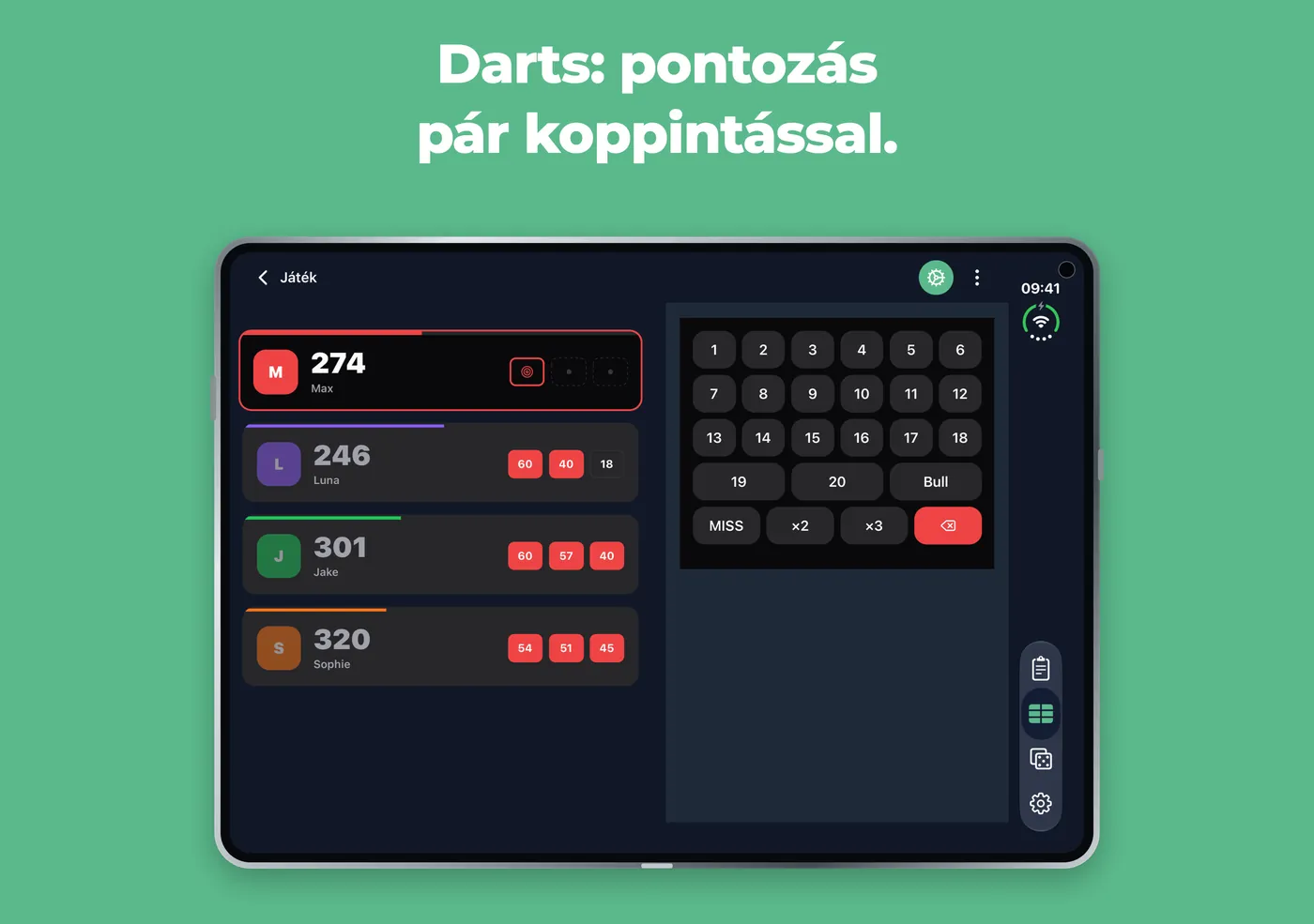 Darts a Scory alkalmazásban egy kinyitott iPhone Duo készüléken, balra a játékosokkal, jobbra a billentyűzettel
