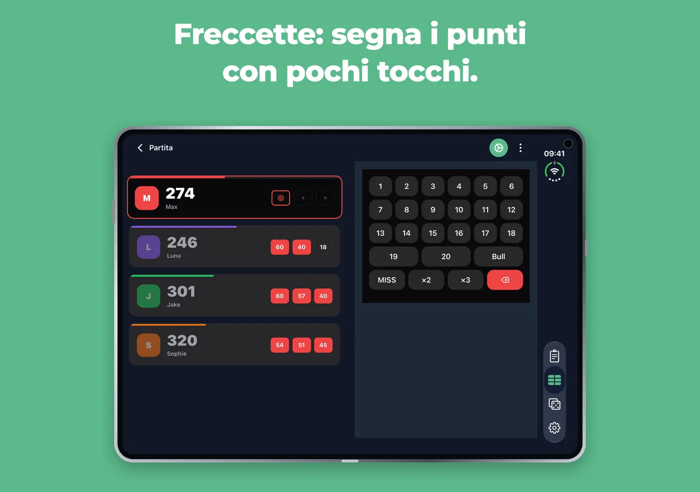 Freccette in Scory su un iPhone Duo aperto, con i giocatori a sinistra e il tastierino a destra