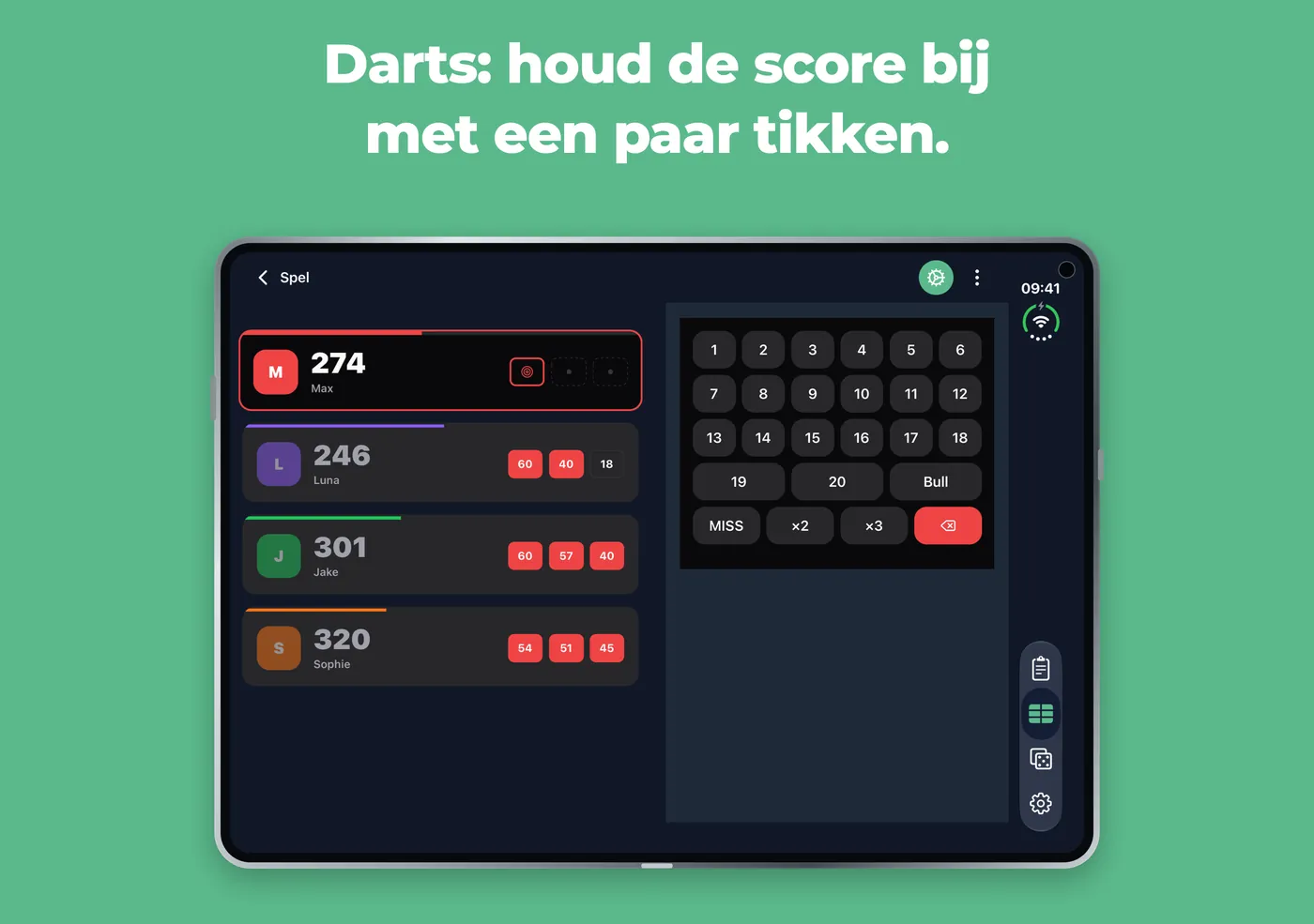 Darts in Scory op een opengevouwen iPhone Duo met spelers links en het toetsenblok rechts