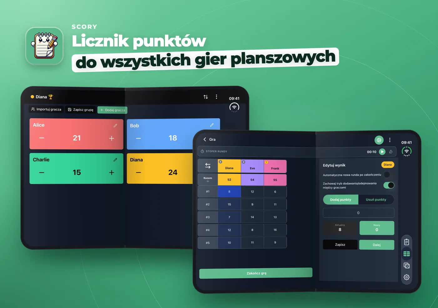 Scory na rozłożonym iPhone Duo: Szybki licznik z czterema graczami w dwóch kolumnach i tabela wyników z panelem Edytuj wynik obok