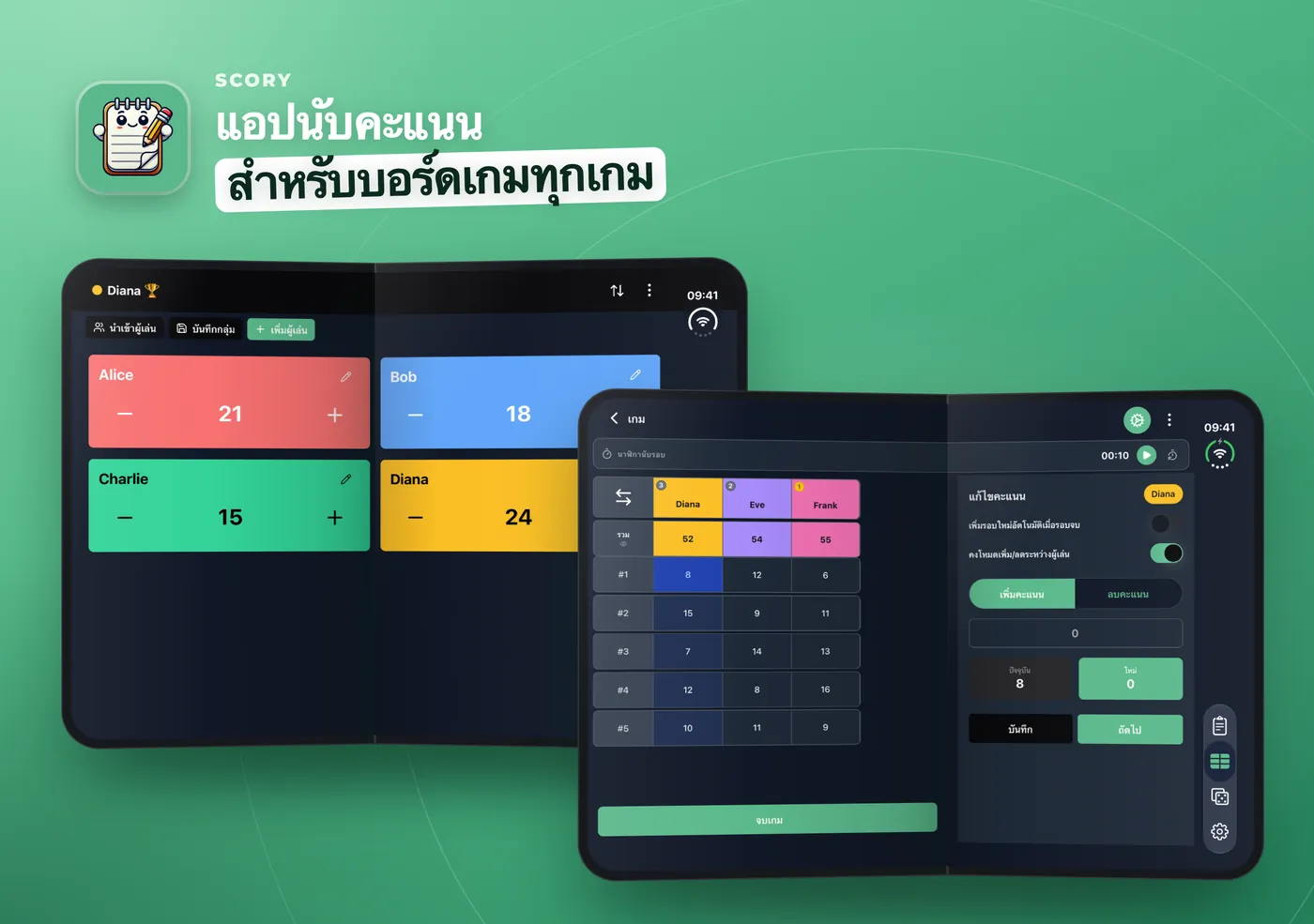 Scory บน iPhone Duo ที่กางออก: ตัวนับด่วนแสดงผู้เล่นสี่คนในสองคอลัมน์ และตารางคะแนนมีแผงแก้ไขคะแนนอยู่ข้างกัน