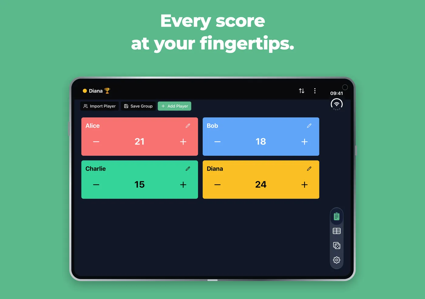 Quick Counter on an unfolded iPhone Duo, with four player cards in two columns