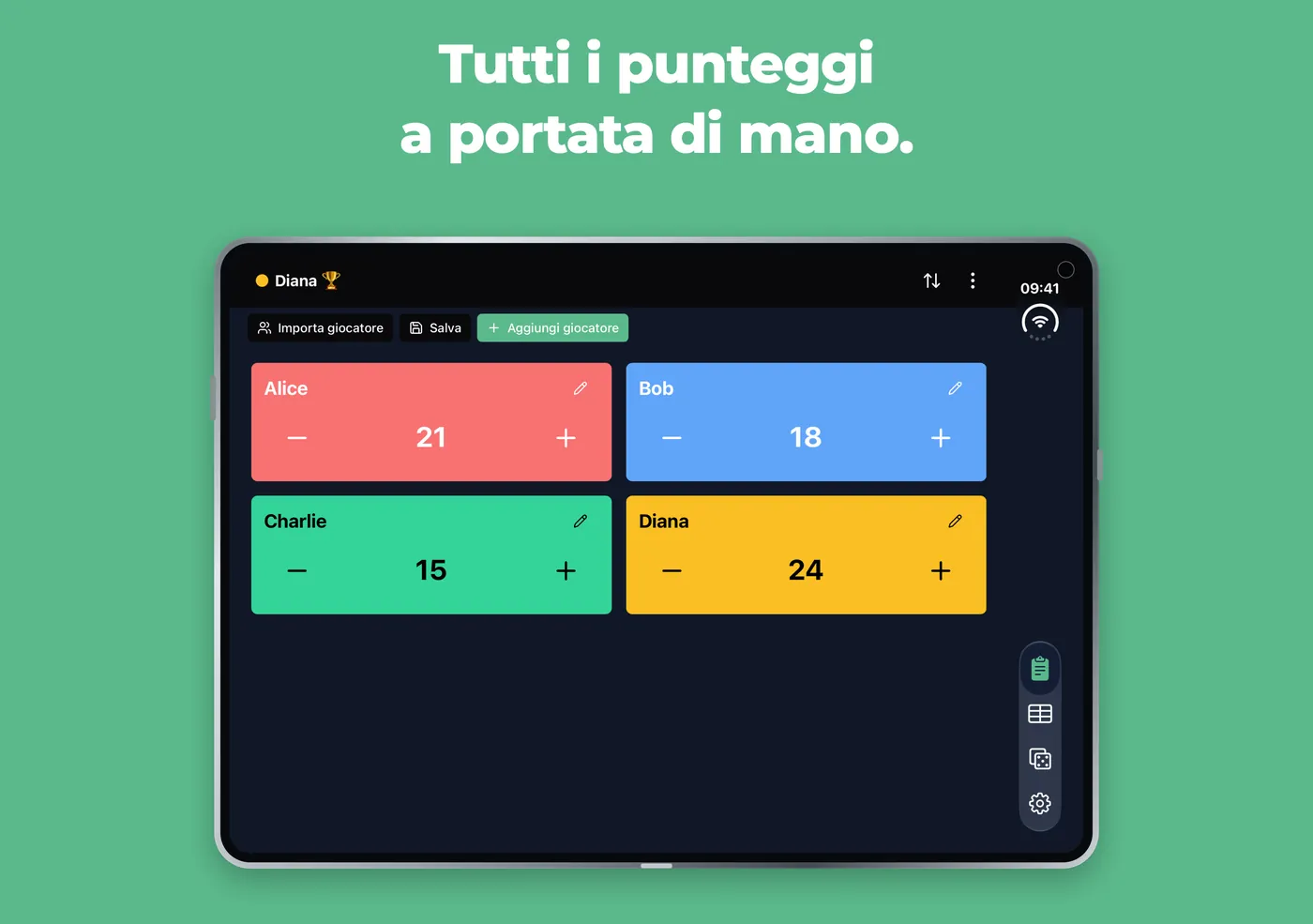 Contatore veloce su un iPhone Duo aperto con quattro schede giocatore su due colonne