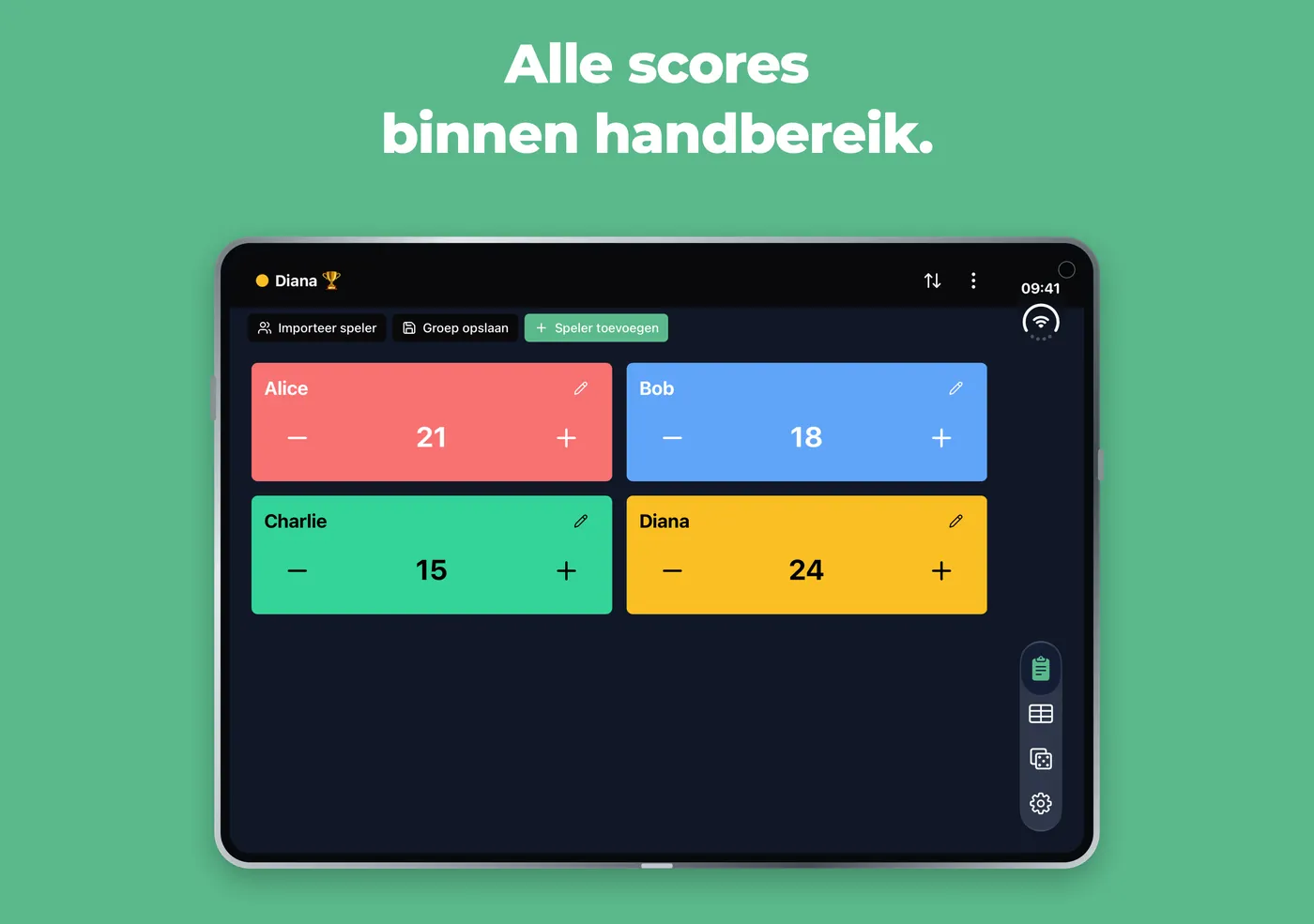 Snelle teller op een opengevouwen iPhone Duo met vier spelerskaarten in twee kolommen