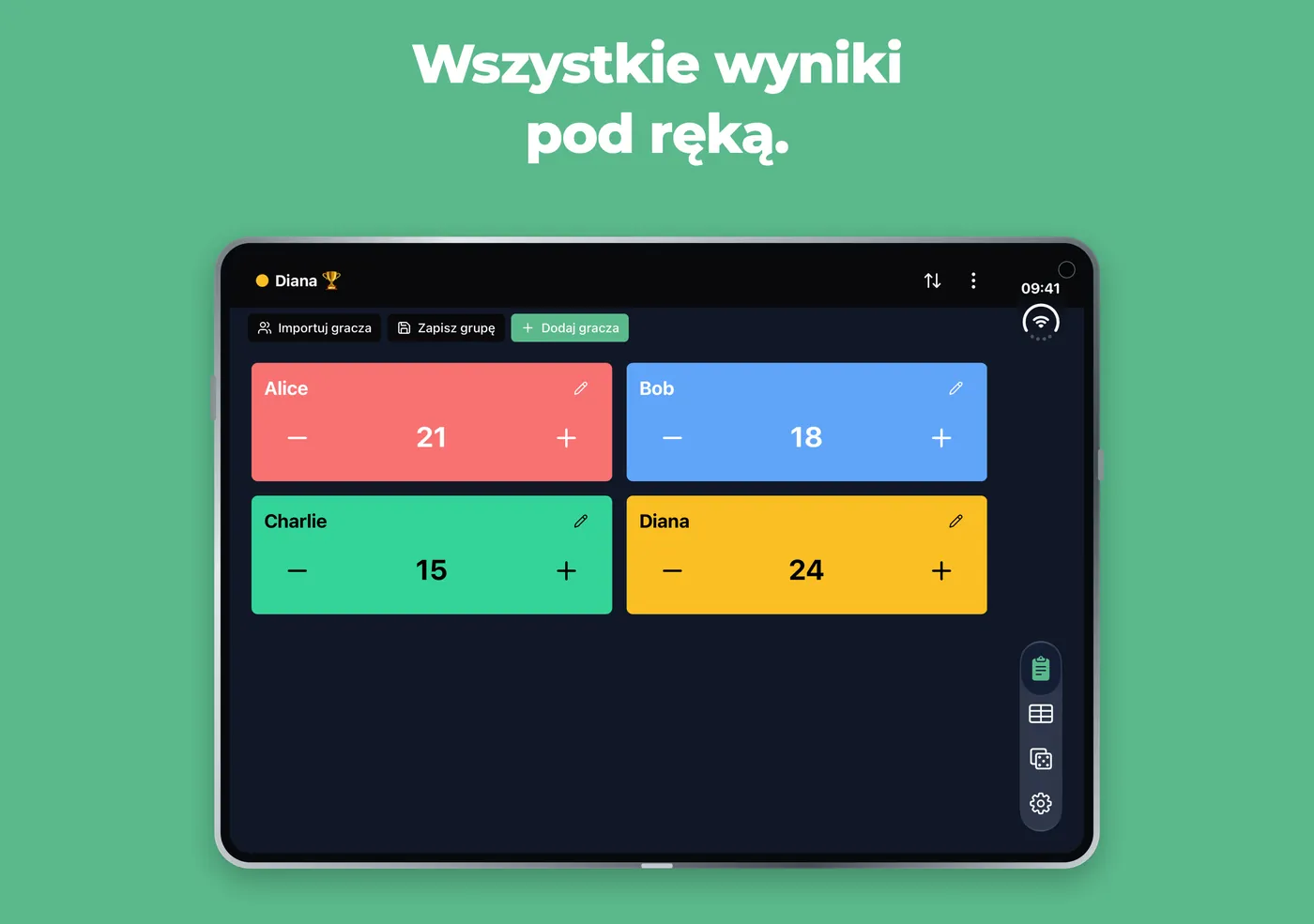 Szybki licznik na rozłożonym iPhone Duo z czterema kartami graczy w dwóch kolumnach