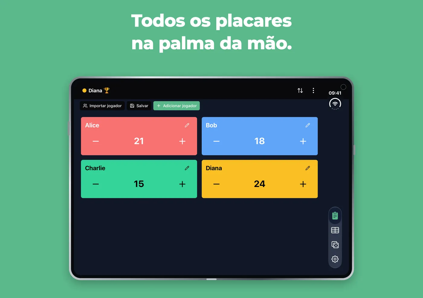 Contador rápido em um iPhone Duo aberto, com quatro fichas de jogadores em duas colunas