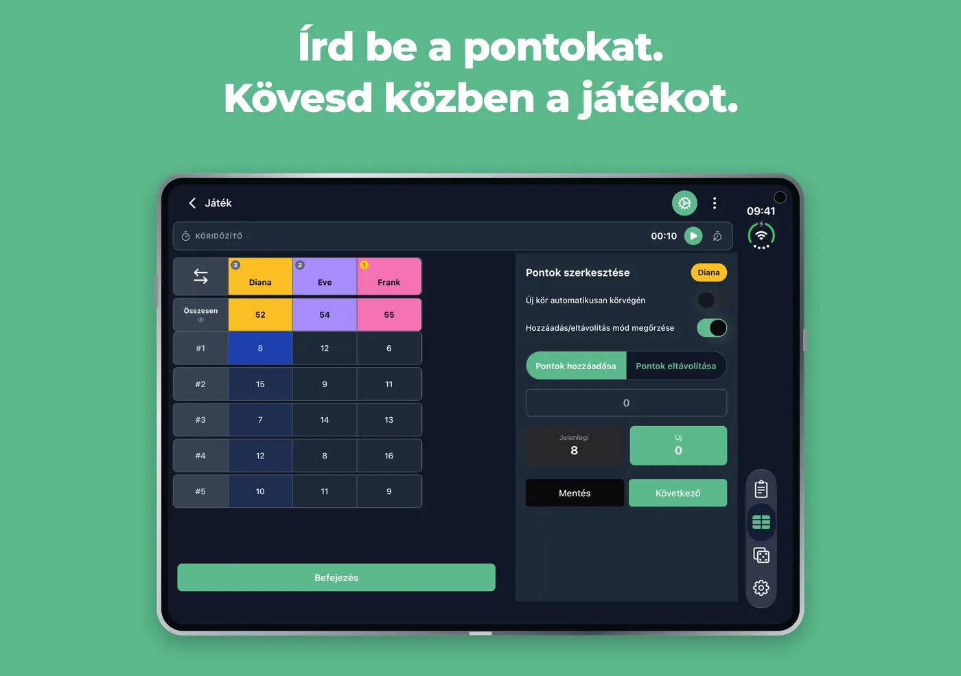 Scory ponttáblázat egy kinyitott, vízszintes iPhone Duo készüléken, mellette a Pontok szerkesztése panel