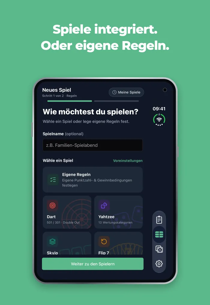Scory-Ansicht für ein neues Spiel auf dem äußeren Bildschirm des iPhone Duo mit Darts, Yahtzee, Skyjo und Flip 7