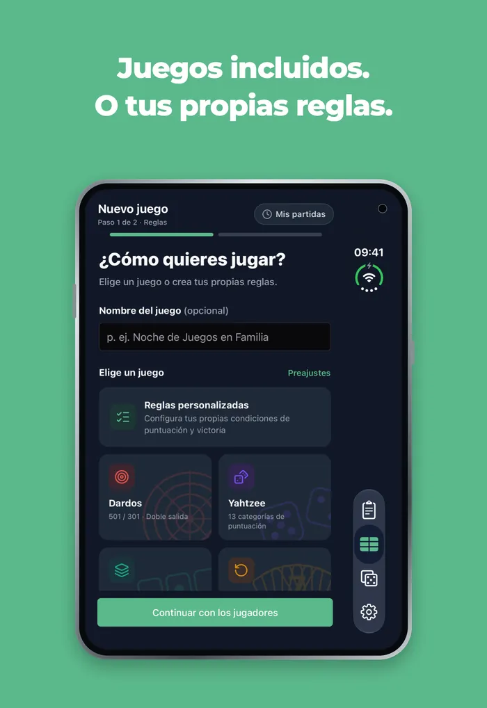 Pantalla de nueva partida de Scory en la pantalla exterior del iPhone Duo, con Dardos, Yahtzee, Skyjo y Flip 7