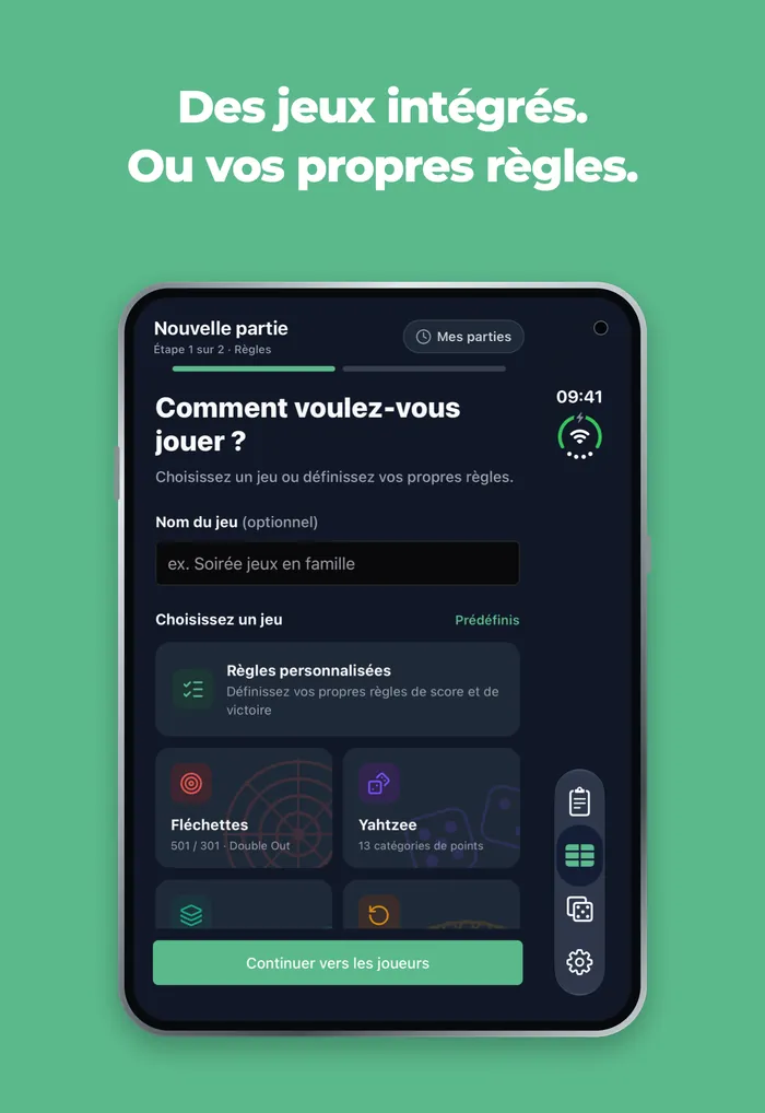 Écran de nouvelle partie Scory sur l'écran extérieur de l'iPhone Duo, avec Fléchettes, Yahtzee, Skyjo et Flip 7