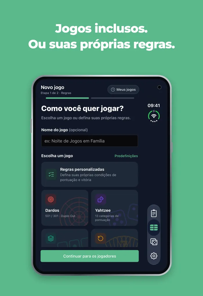 Tela de nova partida do Scory na tela externa do iPhone Duo, com Dardos, Yahtzee, Skyjo e Flip 7