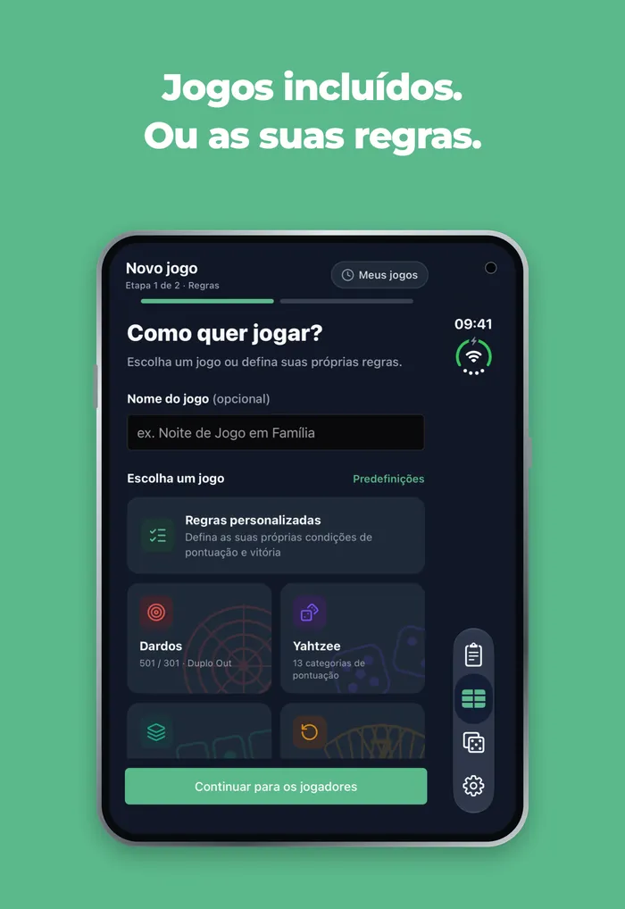 Ecrã de nova partida do Scory no ecrã exterior do iPhone Duo, com Dardos, Yahtzee, Skyjo e Flip 7