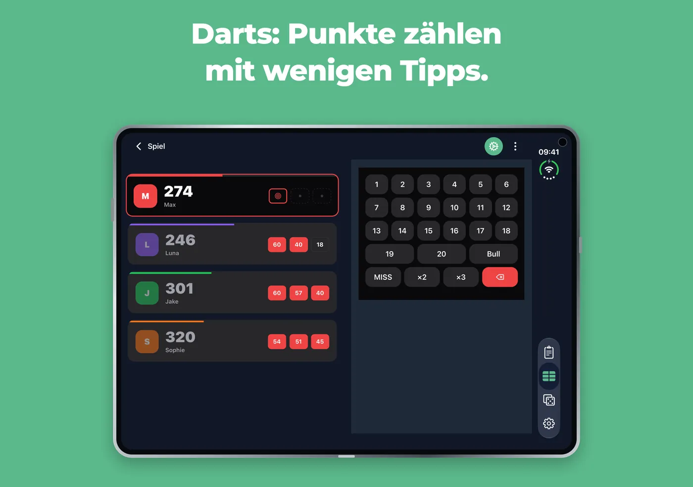Darts in Scory auf einem aufgeklappten iPhone Duo mit Spielern links und Zahlentastatur rechts