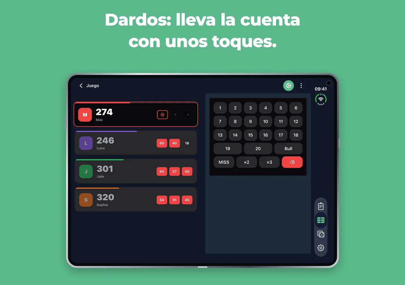 Dardos en Scory en un iPhone Duo desplegado, con los jugadores a la izquierda y el teclado a la derecha