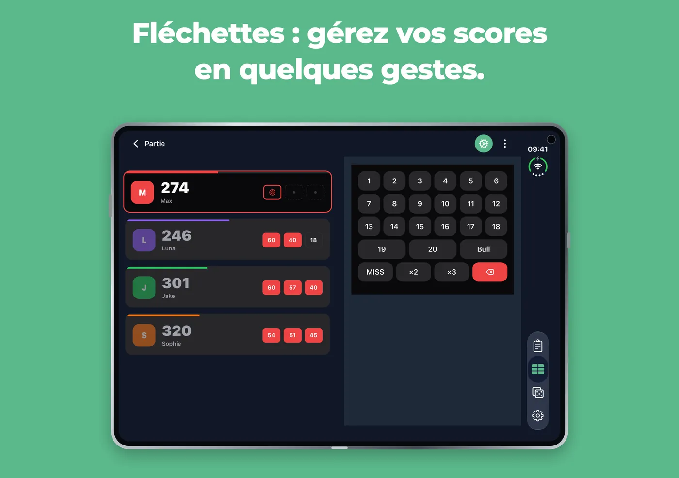 Fléchettes dans Scory sur un iPhone Duo déplié, avec les joueurs à gauche et le pavé à droite