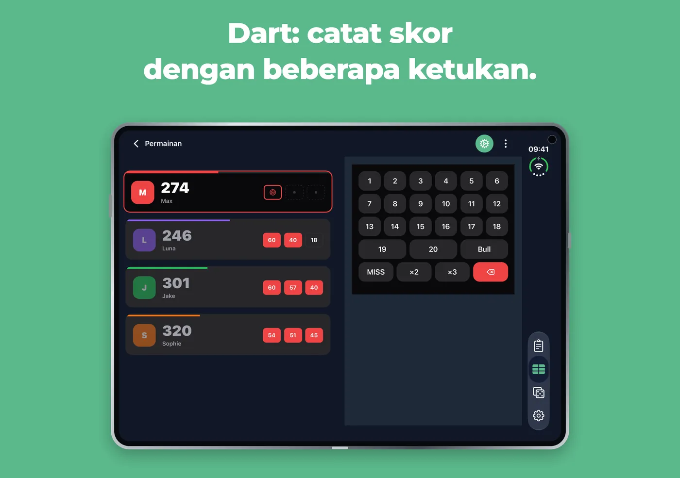 Dart di Scory pada iPhone Duo yang terbuka, dengan pemain di kiri dan tombol angka di kanan