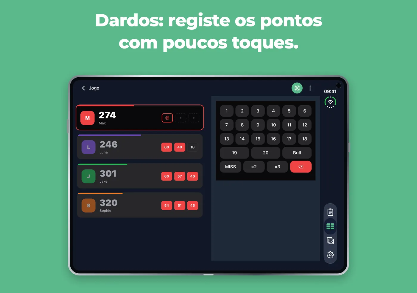 Dardos no Scory num iPhone Duo aberto, com jogadores à esquerda e teclado à direita