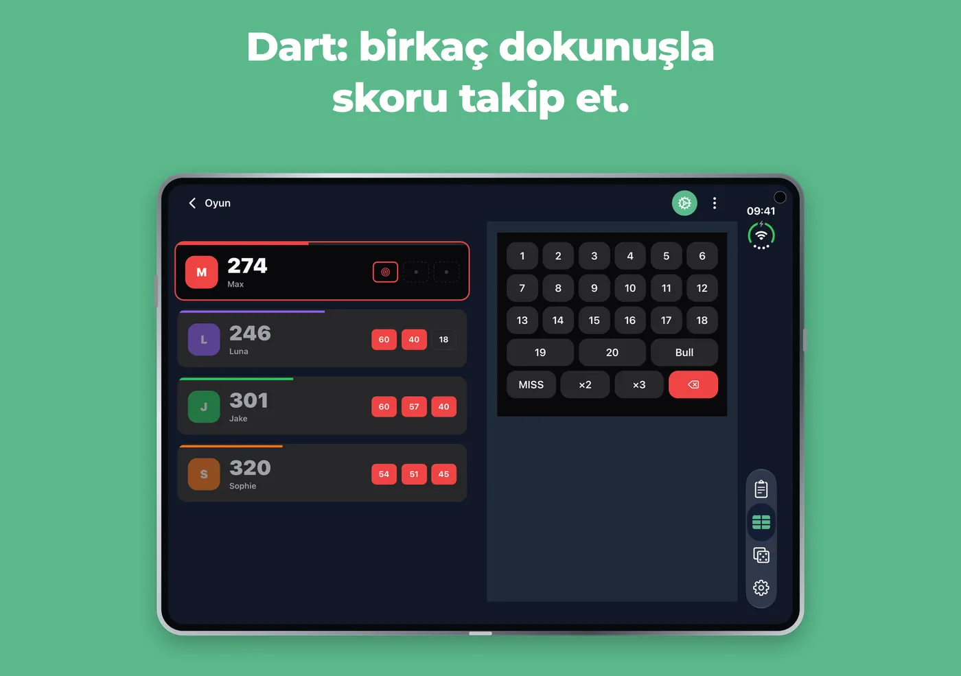 Açık bir iPhone Duo'da Scory içinde Dart, solda oyuncular ve sağda tuş takımı