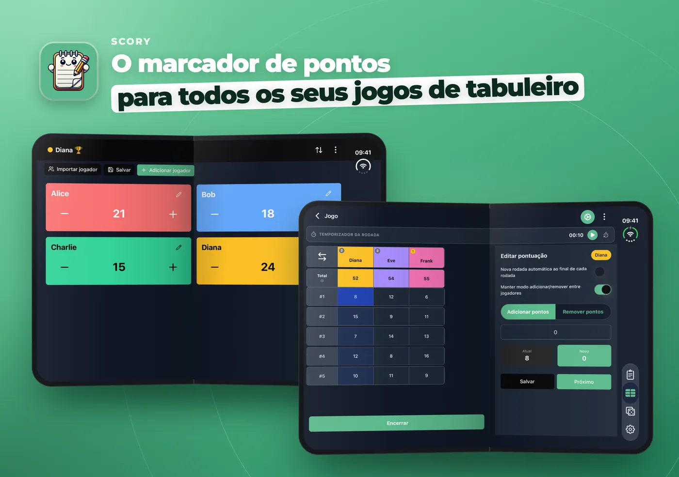 Scory em um iPhone Duo aberto: Contador rápido com quatro jogadores em duas colunas e uma planilha com o painel Editar pontuação ao lado