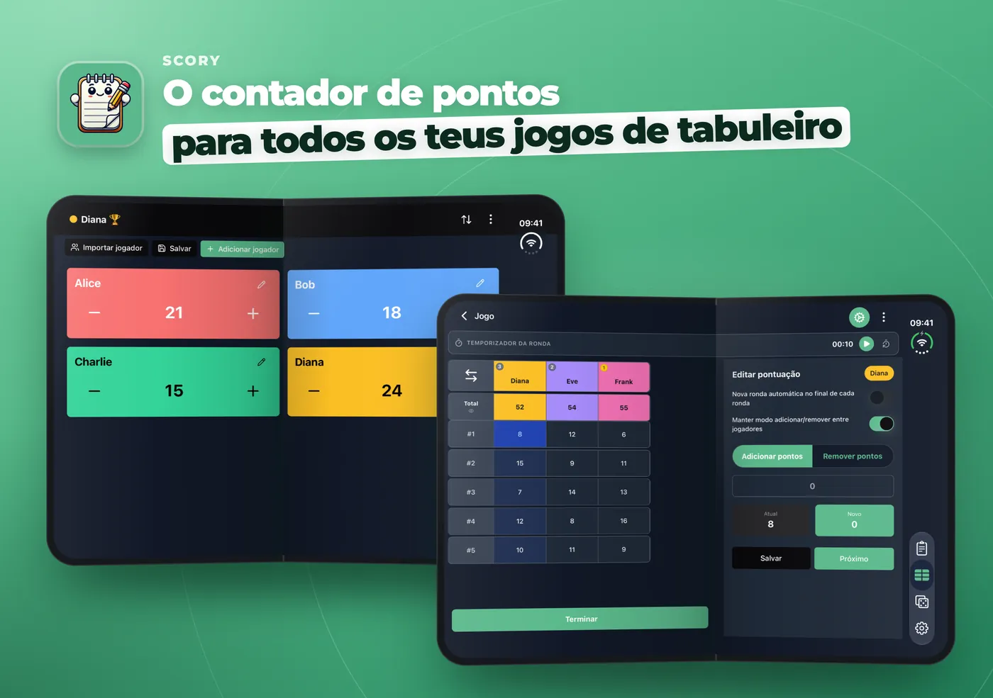 Scory num iPhone Duo aberto: Contador rápido com quatro jogadores em duas colunas e uma folha de pontuação com o painel Editar pontuação ao lado