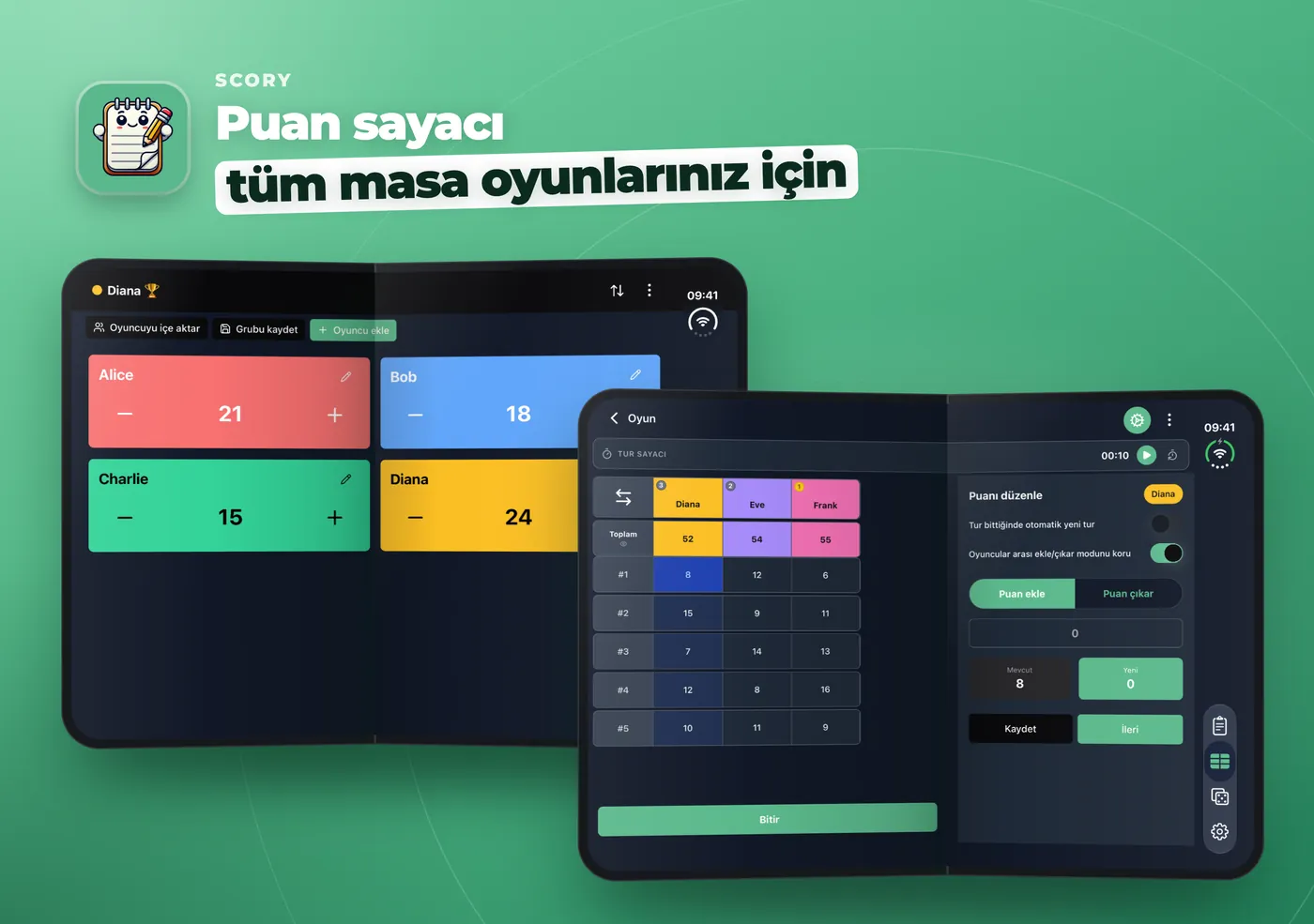 Açık bir iPhone Duo'da Scory: Hızlı sayıcı içinde iki sütunda dört oyuncu ve yanında Puanı düzenle paneli bulunan puan tablosu