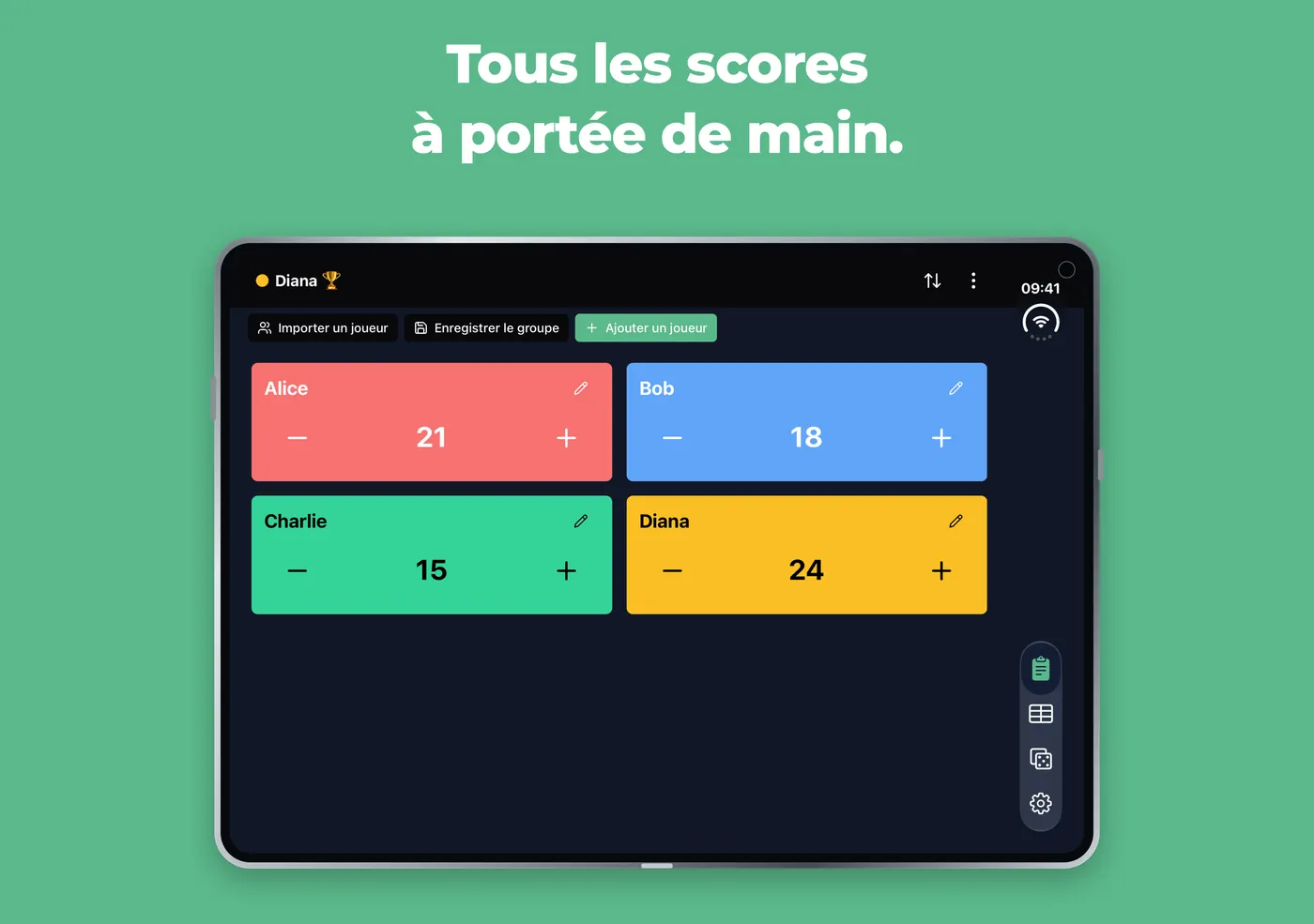 Compteur Rapide sur un iPhone Duo déplié, avec quatre cartes de joueurs sur deux colonnes