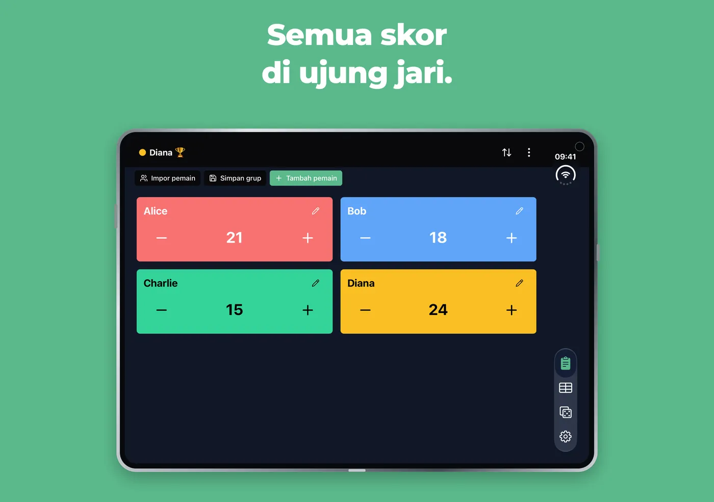Penghitung cepat di iPhone Duo yang terbuka, dengan empat kartu pemain dalam dua kolom