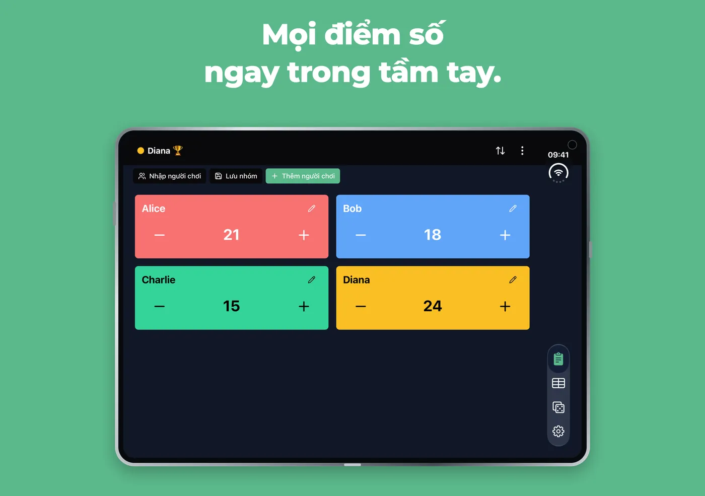 Bảng Đếm nhanh trên iPhone Duo đang mở, với bốn thẻ người chơi ở hai cột