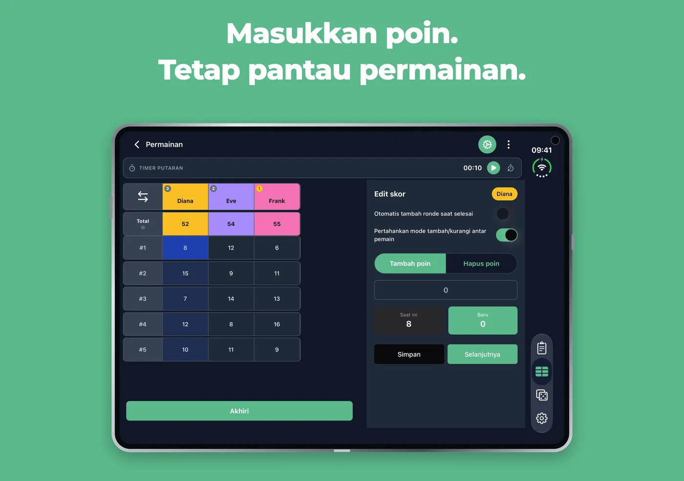 Tabel skor Scory di iPhone Duo yang terbuka dalam posisi mendatar, dengan panel Edit skor di samping tabel