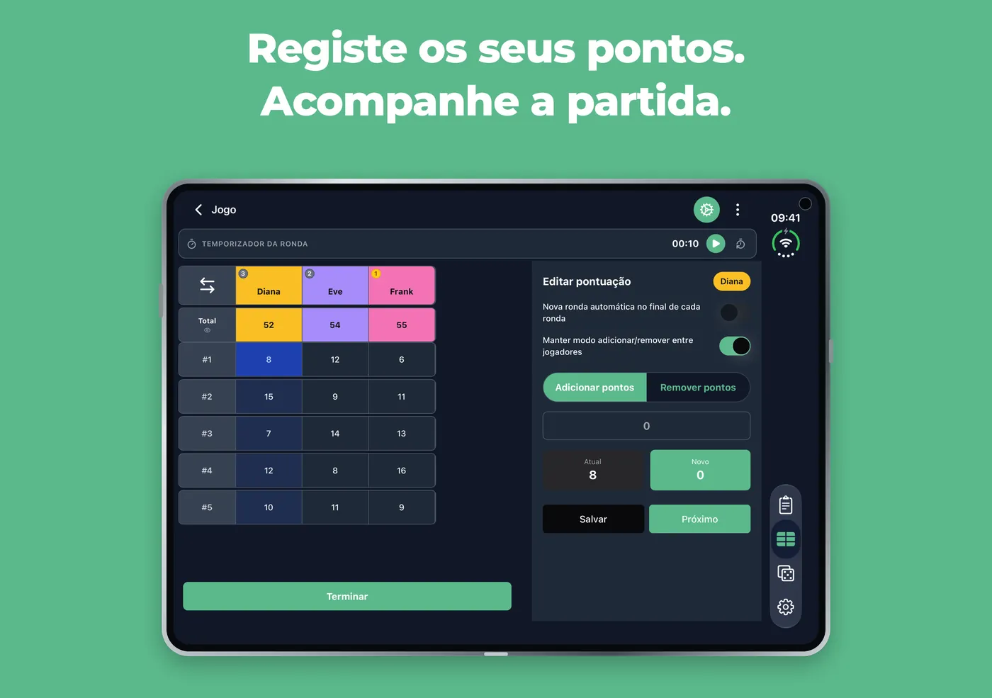 Folha de pontuação do Scory num iPhone Duo aberto na horizontal, com o painel Editar pontuação junto à tabela