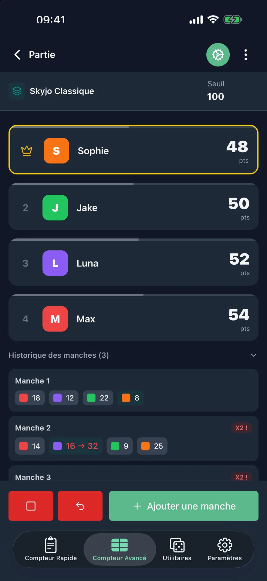 Le compteur Skyjo de Scory : un classement avec la limite de 100 points et un historique des manches qui signale les scores doublés